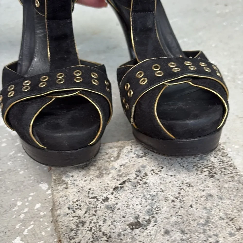 Fendi T strap suede platforms with gold grommets